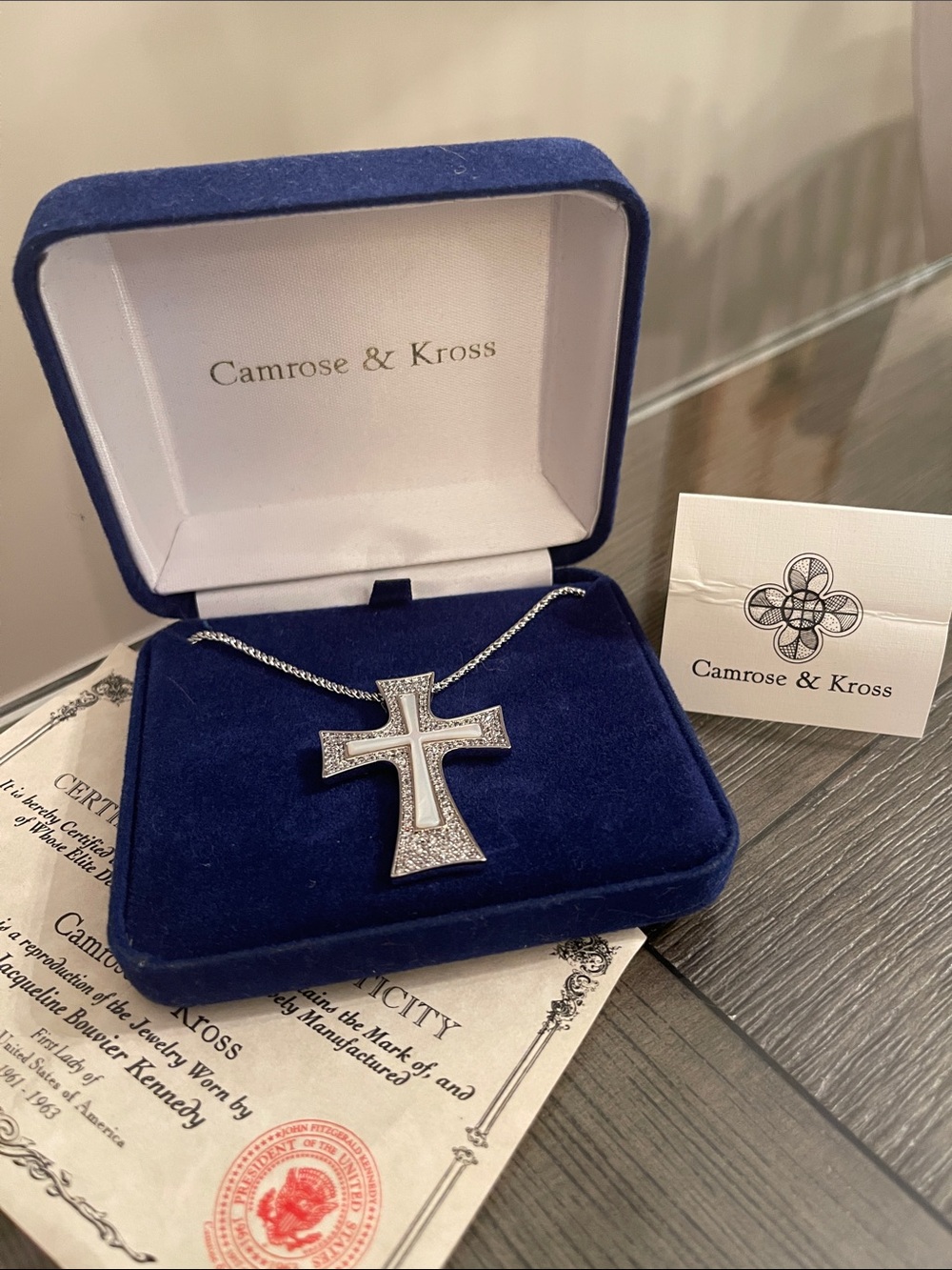 Vintage Camrose & Kross Jackie Kennedy Mother-of-Pearl Cross Pendant